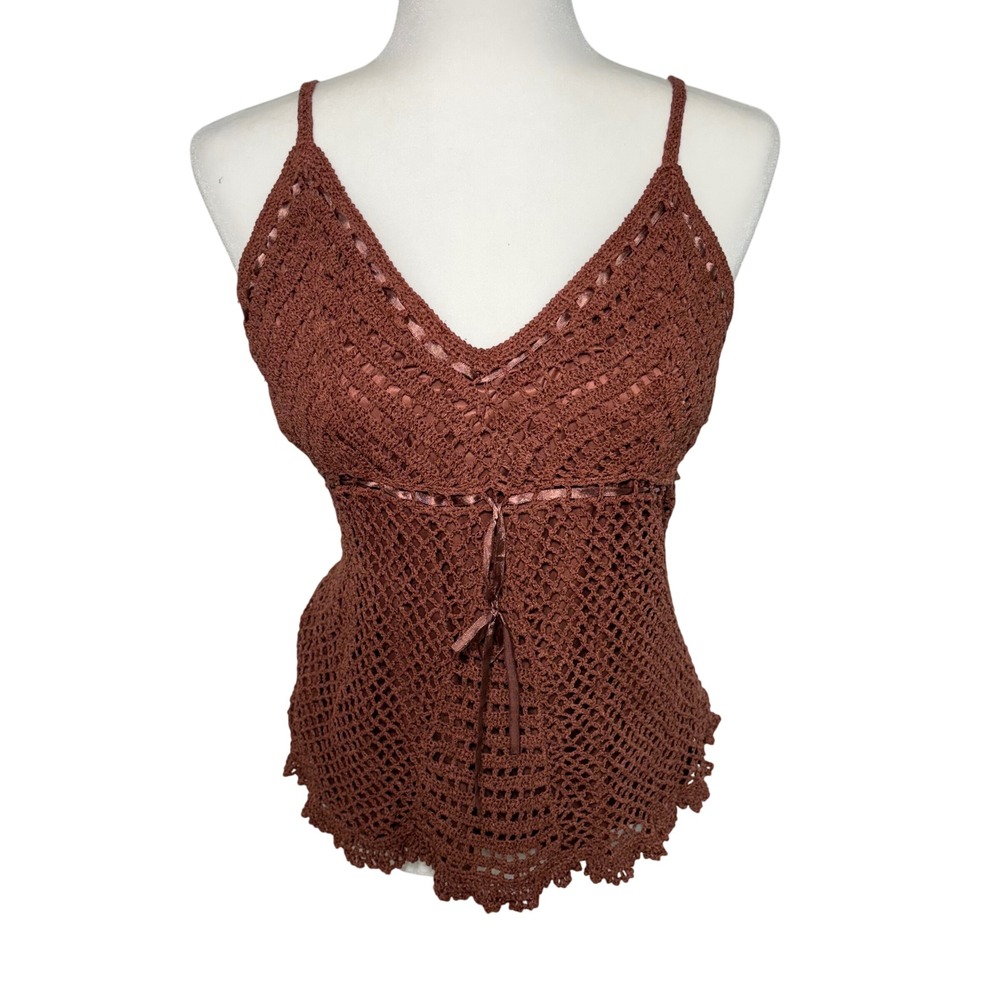 Y2K Faded Glory‎ Brown Silk Crochet Cami Top Womens XL Boho Romantic Vintage